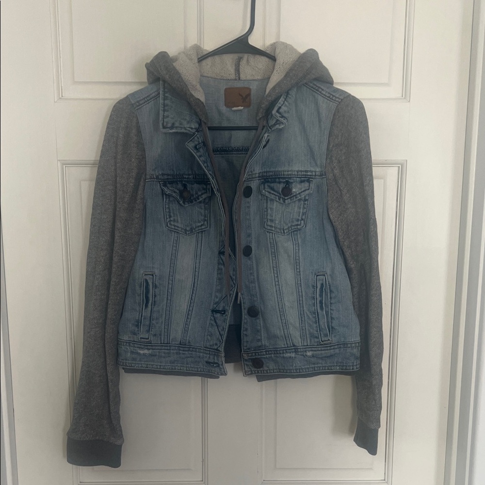 Light Wash Denim Jacket with Gray Hoodie Sleeves